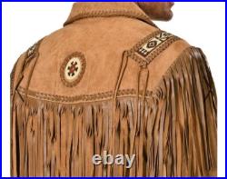 Western Suede Leather Jacket Men Native American Cowboy Jacket Fringe & Beads