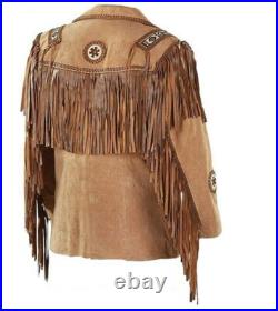 Western Suede Leather Jacket Men Native American Cowboy Jacket Fringe & Beads