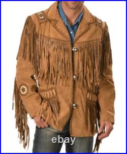 Western Suede Leather Jacket Men Native American Cowboy Jacket Fringe & Beads
