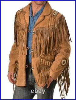 Western Suede Leather Jacket Men Native American Cowboy Jacket Fringe & Beads