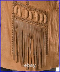 Western Suede Leather Jacket Men Native American Cowboy Jacket Fringe & Beads