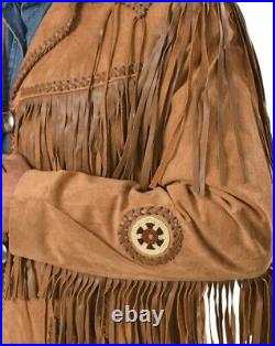 Western Suede Leather Jacket Men Native American Cowboy Jacket Fringe & Beads