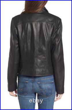 Western Women Authentic Lambskin 100% Leather Coat Black Collar Biker Zip Jacket