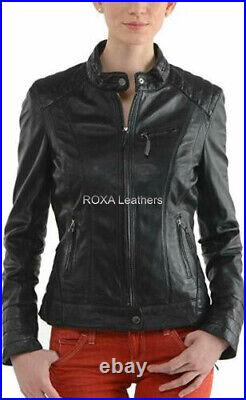 Western Women Authentic Lambskin Natural Leather Black Jacket Casual Biker Coat