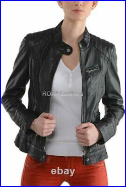 Western Women Authentic Lambskin Natural Leather Black Jacket Casual Biker Coat