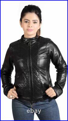 Western Women Black Genuine Lambskin Real Leather Jacket Bomber Motorcycle Coat