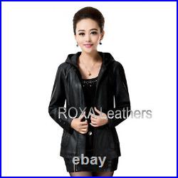 Western Women Black Genuine Lambskin Real Leather Jacket Winter Wear Hooded Coat