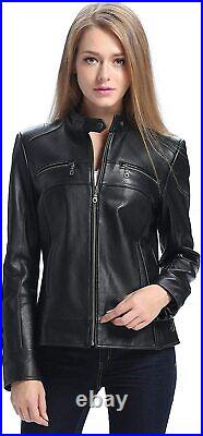 Western Women Black Genuine Lambskin Real Leather Jacket Zip Pocket Fashion Coat