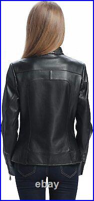 Western Women Black Genuine Lambskin Real Leather Jacket Zip Pocket Fashion Coat