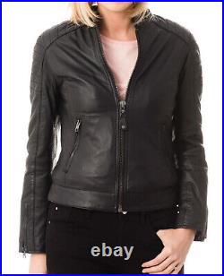 Western Women Black Genuine Sheepskin 100% Leather Jacket Motorcycle Riding Coat