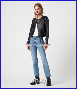 Western Women Collarless Genuine Lambskin 100% Leather Jacket Black Outwear Coat