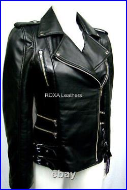 Western Women Genuine Sheepskin 100% Leather Jacket Black Biker Collar Zip Coat