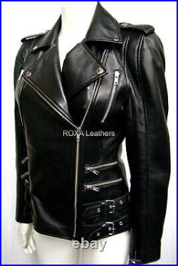 Western Women Genuine Sheepskin 100% Leather Jacket Black Biker Collar Zip Coat