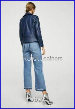 Western Women Genuine Sheepskin Pure Leather Jacket HOT Blue Handmade Party Coat