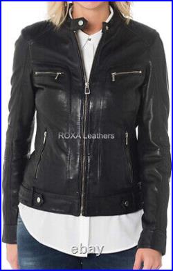 Western Women Hand Made Genuine Lambskin Natural Leather Jacket Biker Black Coat