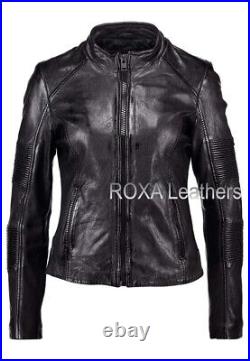 Western Women Motorcycle Authentic Sheepskin Pure Leather Jacket Black Soft Coat