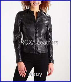 Western Women Motorcycle Authentic Sheepskin Pure Leather Jacket Black Soft Coat