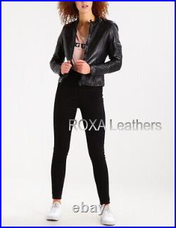 Western Women Motorcycle Authentic Sheepskin Pure Leather Jacket Black Soft Coat