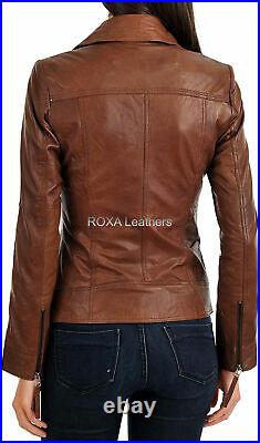 Western Women Outdoor Wear Genuine Lambskin Real Leather Jacket Zip Pockets Coat