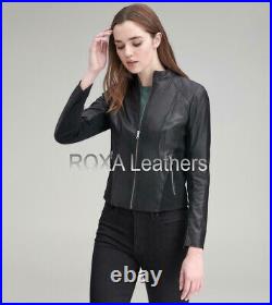 Western Women Outwear Genuine Lambskin Real Leather Jacket Black Front Zip Coat