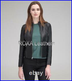 Western Women Outwear Genuine Lambskin Real Leather Jacket Black Front Zip Coat