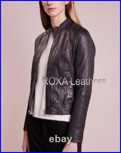 Western Women Regular Wear Genuine Lambskin Real Leather Jacket Black Biker Coat