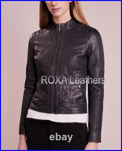 Western Women Regular Wear Genuine Lambskin Real Leather Jacket Black Biker Coat