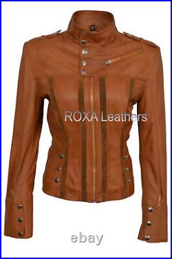 Western Women's Authentic Lambskin Pure Leather Jacket Dark Tan Biker Strap Coat