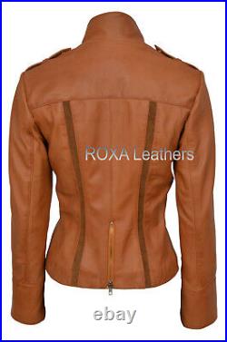 Western Women's Authentic Lambskin Pure Leather Jacket Dark Tan Biker Strap Coat