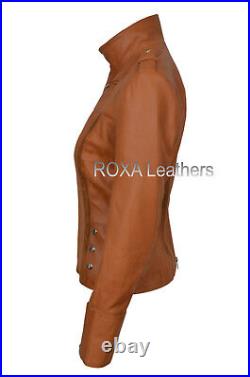 Western Women's Authentic Lambskin Pure Leather Jacket Dark Tan Biker Strap Coat