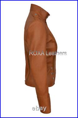 Western Women's Authentic Lambskin Pure Leather Jacket Dark Tan Biker Strap Coat