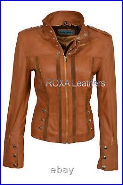 Western Women's Authentic Lambskin Pure Leather Jacket Dark Tan Biker Strap Coat