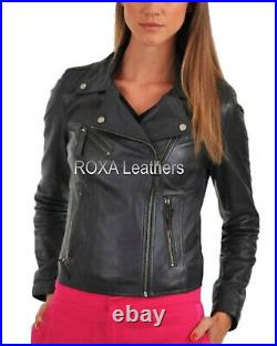 Western Women's Genuine Lambskin 100% Leather Jacket Black Collar Biker Zip Coat