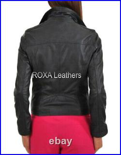 Western Women's Genuine Lambskin 100% Leather Jacket Black Collar Biker Zip Coat