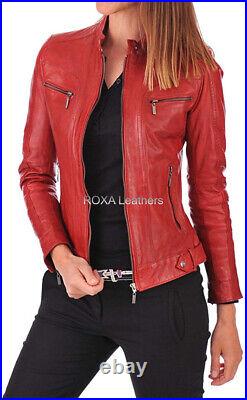 Western Women's Real Genuine Lambskin Leather Jacket Zip Pockets Red Casual Coat