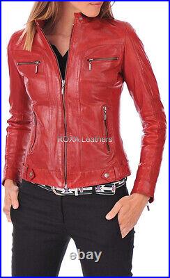 Western Women's Real Genuine Lambskin Leather Jacket Zip Pockets Red Casual Coat