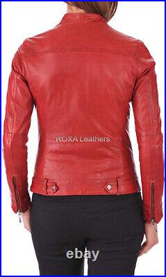 Western Women's Real Genuine Lambskin Leather Jacket Zip Pockets Red Casual Coat