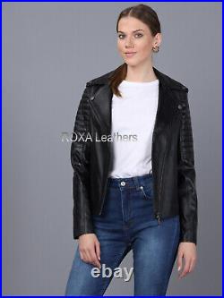 Western Women's Soft Quilted Authentic Sheepskin Pure Leather Jacket Collar Coat