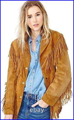 Western fringe Suede Leather Cowgirl Brown Women Native American Cowlady Jacket