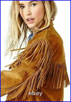 Western fringe Suede Leather Cowgirl Brown Women Native American Cowlady Jacket