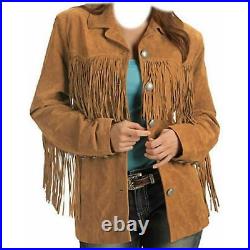Western fringe Suede Leather Cowgirl Women Native American Brown Cowlady Jacket