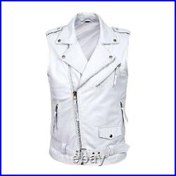 White Western Original Vest Coat Lambskin Leather Jacket Men's Button Waistcoat