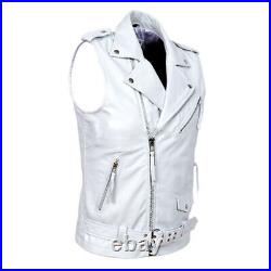 White Western Original Vest Coat Lambskin Leather Jacket Men's Button Waistcoat
