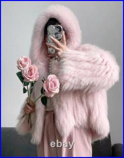 Winter Hooded Real Raccoon Fur Knitted Short Coat Overcoat Jacket Womens Outwear