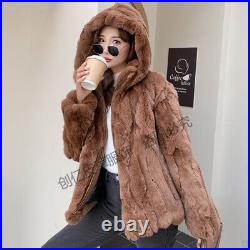 Winter Hooded Womens Real Rex Rabbit Fur Short Coat Jacket Zip Outwears Warm New