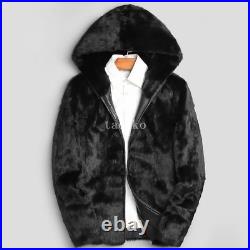 Winter Men's Real Mink Fur Short Coat Lapel Collar Hooded Parka Jackets Overcoat