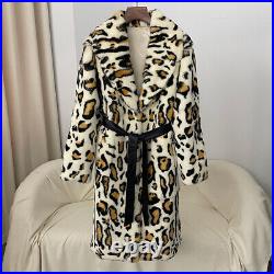 Winter Real Rex Rabbit Fur Collar Womens Long Coats Overcoat Leopard Print