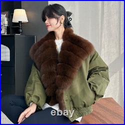 Winter Women Real Fox Fur Big Collar Down Coat Puffer Jacket Short Overcoat Warm