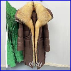 Winter Womens Real Fox Fur Collar Thicken Down Jacket Long Coat Warm Overcoat sz