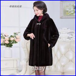 Winter Womens Real Mink Fur Mid Long Coat Jacket Outwear Overcoat Hooded Plus sz